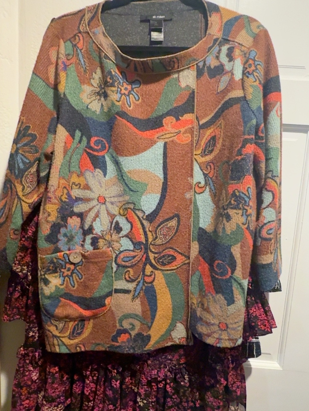 ALI MILES Multicolor Floral Textured Knit Pullover Tunic Lagenlook Art to Wear